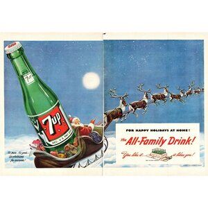 1949 7-Up 7Up Soda Pop Christmas Santa's Sleigh 2pg Vintage Print Ad Wall Art